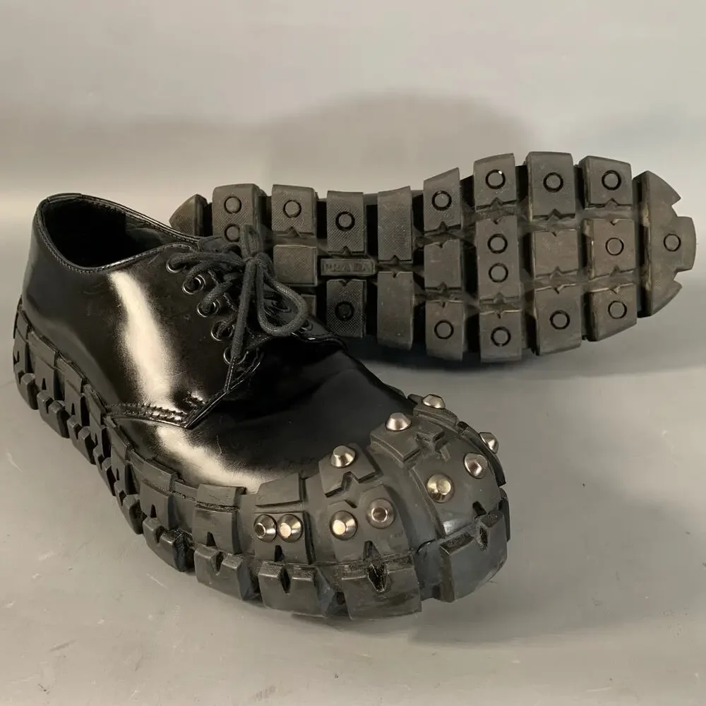 PRADA FW2019 Size 9 Black Gunmetal Studded Leather Cap Toe Lace Up Shoes